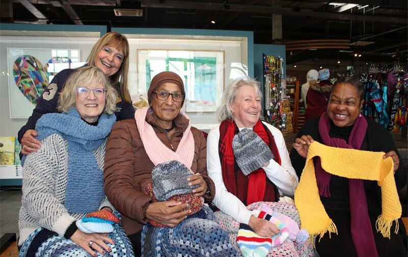 Jackson's Kyalami manager Charmaine Marchesi joins the Knit and Natter group, including Jo Iverson, Lorain Ruthilal, Carol Thornton, and Plantina Seepe-Nkuzana, after knitting for the day. Photo: Zanele Mfaba