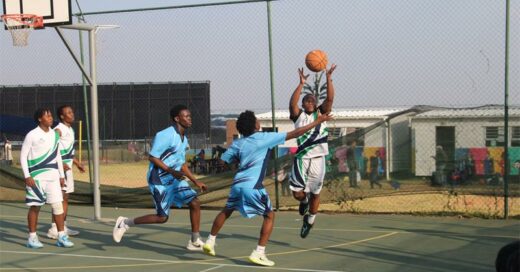 Future Nation Schools Lyndhurst’s U15 boys in blue take on Sandton School Group in white during an exciting interschool basketball friendly at Nova Pioneer Midrand on June 25. Photo: Comfort Makhanya