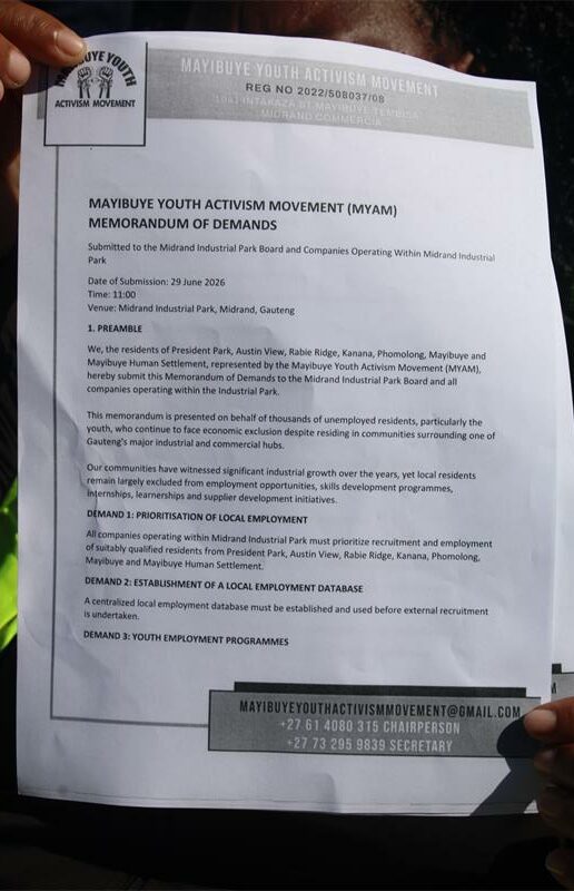 The memorandum of demand outlines residents' concerns over unemployment and local hiring on June 29, 2026. Photo: Comfort Makhanya