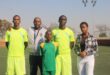 Dubula Stars United FC player Prince Kwanele Mbele, coach Sydwell Ramakokovhu, player Sibusiso Zulu, player Kgosimang Moloi, and Tsa Kasi Tennis Club player Kearabilwe Mashiane on July 7, 2026, at Rabie Ridge Stadium. Photo: Comfort Makhanya