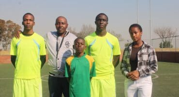 Dubula Stars United FC player Prince Kwanele Mbele, coach Sydwell Ramakokovhu, player Sibusiso Zulu, player Kgosimang Moloi, and Tsa Kasi Tennis Club player Kearabilwe Mashiane on July 7, 2026, at Rabie Ridge Stadium. Photo: Comfort Makhanya