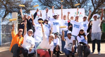 The teams from Balwin Properties, Stevenson Paint, TV personality Boity Thulo and New Jerusalem Children's Home marketing manager Hopkins Kaira in the Mandela Day spirit. Photo: Zanele Mfaba