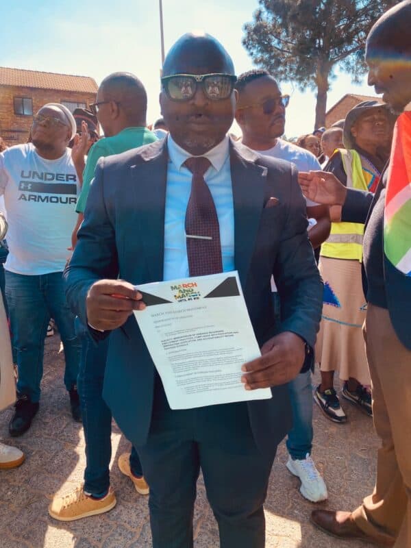 Gauteng Department of Education’s Bongani Sibisi after being handed the memorandum by March and March convener Thabiso Gerald Mehlape on July 30, 2026. Photo: Zanele Mfaba