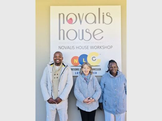 Novalis House social worker Fanafuthi Pule, general manager Mary Owen, and workshop manager Ethel Mthembu outside Novalis House. Photo: Zanele Mfaba