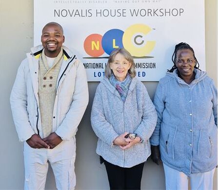 Novalis House social worker Fanafuthi Pule, general manager Mary Owen, and workshop manager Ethel Mthembu outside Novalis House. Photo: Zanele Mfaba