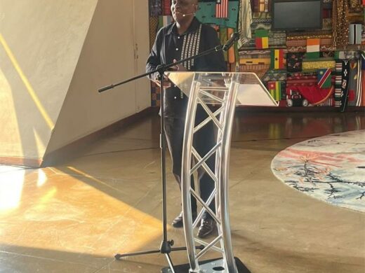 Kamoraleng Heritage Institute founder and CEO Molatelo Develd Monyai addresses attendees during the cultural heritage programme at Freedom Park on August 8. Photo: Supplied