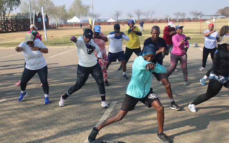 Residents follow instructor Keketso Masindi’s moves during the healthy lifestyle aerobics programme at Rabie Ridge Stadium on August 8, 2026. Photo: Comfort Mkhanya