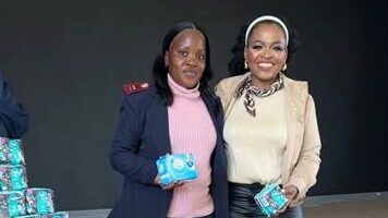 Mayibuye Primary School's sister, Maake Lovedelia, and Emeris Waterfall student, Mamigirl Mogale, during the donation on August 12. Photo: Supplied