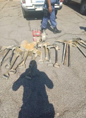 Police confiscated spades and picks allegedly used in illegal mining during the latest Shanela Two operation in Dunnottar on August 6. Photo: Supplied
