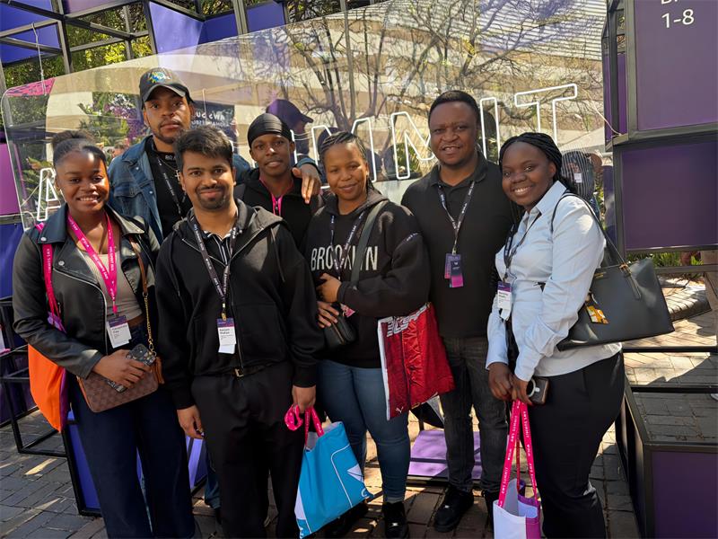 Emeris Waterfall, head of school computer science Handsome Mpofu (second from the right), with some of the campus students who attended this year’s AWS Summit Johannesburg, held at the Gallagher Convention Centre on August 17.