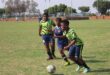 Waterfall Warriors FC’s player Phenyo Maroga in possession as Super Midrand’s Retshidisitswe Mokoena presses him while Pheletso Matlala watches on September 19. Photo Comfort Makhanya