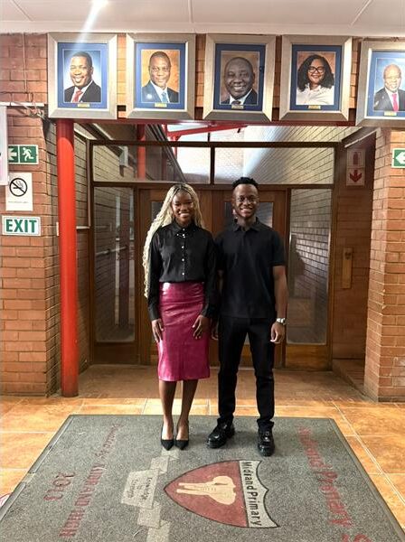 Ukumila Foundation founder Samila Ntlebi, and KMSHA founder Kabelo Shabangu during the donation at Midrand Primary School on August 7. Photo: Supplied