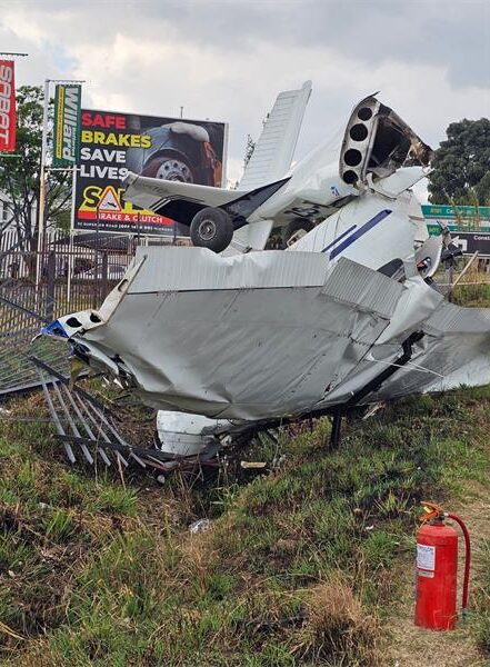 A plane crashed into a business fence along Old Pretoria Main Road in Midrand. Photo: Supplied