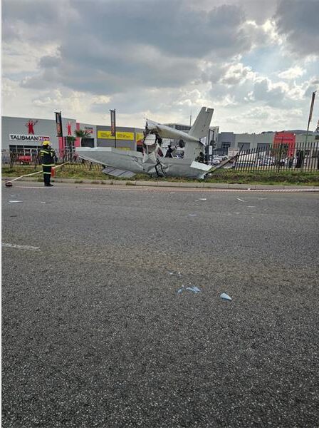 Emergency services attend to the scene after a plane reportedly crashed into a business fence along Old Pretoria Main Road in Midrand on September 8. Photo: Supplied