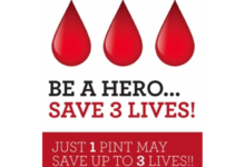 A white background with three blood droplets and words 'Be a hero... save 3 lives written in bold black and red font.