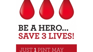 A white background with three blood droplets and words 'Be a hero... save 3 lives written in bold black and red font.