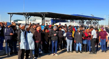 Employees and patrons at Theku Mall in Newcastle during a fire drill exercise.