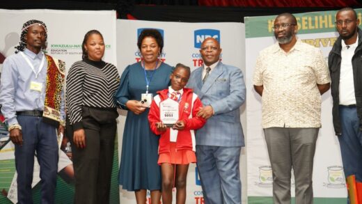KZN Department of Education (Amajuba District) officials pose with Best isiZulu writer Alondwe Thwala from Phambili Primary during the book launch.