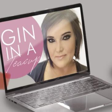 Image created for the blog called Gin in a teacup. The author's image is created on a laptop with the name of the blog.