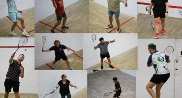 A collage of squash players in action on indoor courts during the Newcastle Squash Club singles league, showing players of various ages and skill levels mid-game.