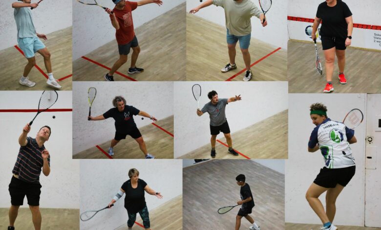 A collage of squash players in action on indoor courts during the Newcastle Squash Club singles league, showing players of various ages and skill levels mid-game.