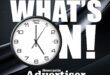 "Bold text reads 'WHAT'S ON!' against a sleek, dark background with a large clock showing 10:10. 'Newcastle Advertiser' is written at the bottom in bold white text."