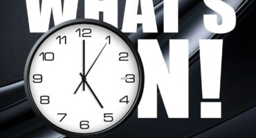 "Bold text reads 'WHAT'S ON!' against a sleek, dark background with a large clock showing 10:10. 'Newcastle Advertiser' is written at the bottom in bold white text."