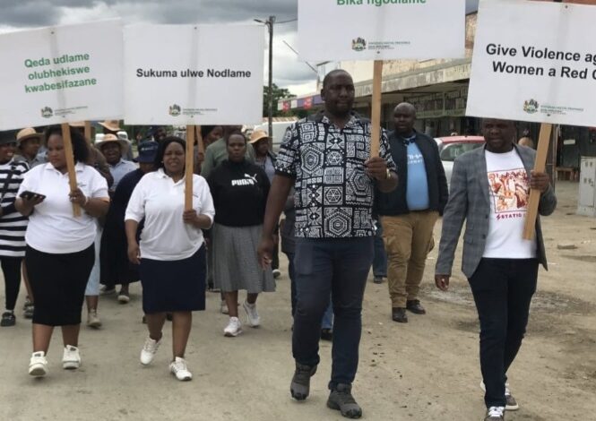On the Ward 21 War Room peaceful march led by Ward 20 and 21 Councilors Luck Mlele and Sandile Buthelezi, with placards conveying different messages of against GBV