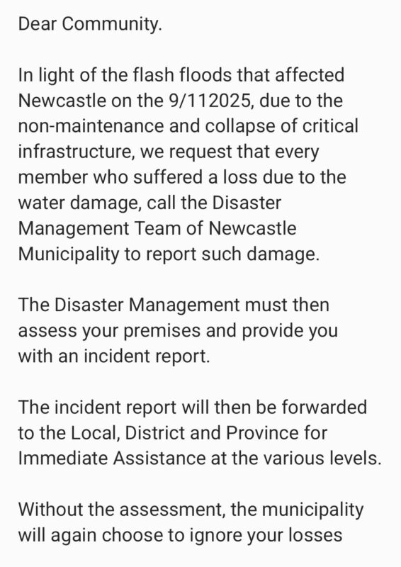 A municipal notice warning residents of a scammer doing the rounds, posing to be a municipal employee in the midst of the flash flood devastation.