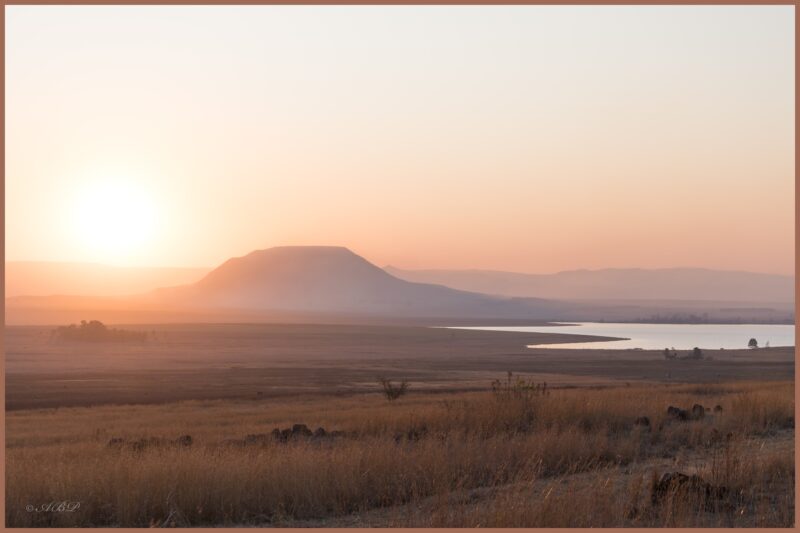 A photograph capturing the sunset over the Ntshingwayo (chelmsford) Dam. Also in the photo is a reddish/ pink sky, a little mountain, grasslands and the dam.
