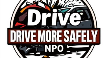 Image of Drive More Safely NPO logo, cartoonish cars crashing head-on with writing over it.