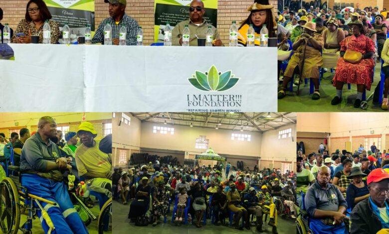 A collage showing a disability conference hosted by the I Matter Foundation, with panel speakers seated at a table and a large audience of community members, including wheelchair users, gathered inside a hall.