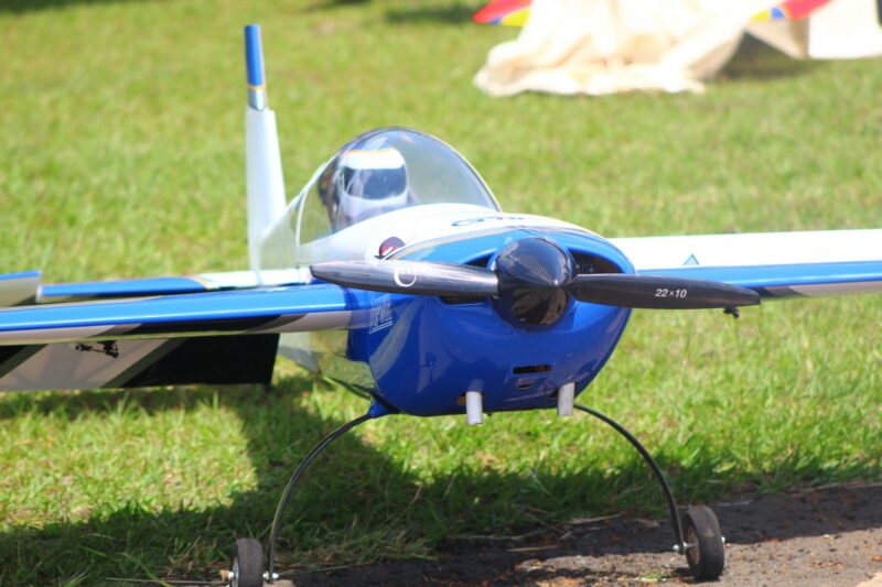 A blue and white model aircraft.