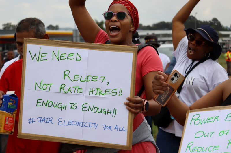 A woman with a placard in her left hand. She is wearing red, she is wearing sunglasses. Her right arm is in the air. The placard has green and blue wording on it.