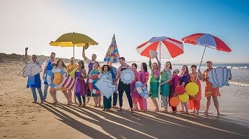 Image of group of people with colourful umbrellas on the beach, some are holding plastic balls and others are holding cut out waves.