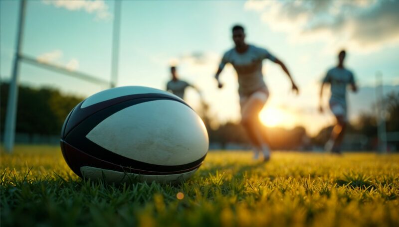 Three rugby players running on a rugby field behind a rugby ball.