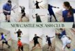 A collage of squash players in action on indoor courts, showing people of different ages and genders swinging racquets, serving and lunging during matches, with “Newcastle Squash Club” written across the centre.