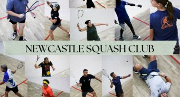 A collage of squash players in action on indoor courts, showing people of different ages and genders swinging racquets, serving and lunging during matches, with “Newcastle Squash Club” written across the centre.