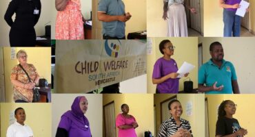 A collage of people in front of a yellowish wall. There is a banner of Child Welfare SA Newcastle in the center of the collage. The people in the collage are talking.