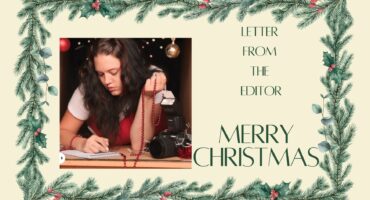 A 'Christmas' greeting card with Christmas decorations and in green the words ' Letter from the editor and Merry Christmas' written on it.