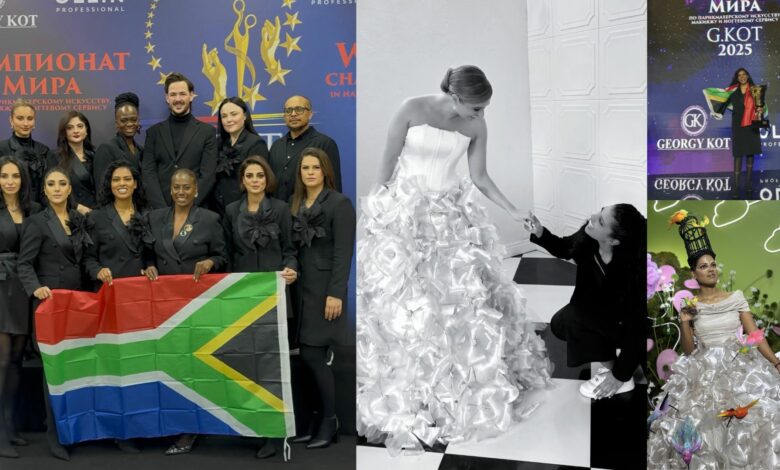 A collage of images of Estelle Chetty during the World Hairdressing Championships.