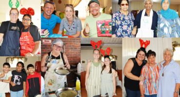A collage of photos of one or more groups of people posing during a Christmas Market in Newcastle.
