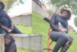 A collage of three images of the same woman dressed in black clothing, taken at a play park where she works.