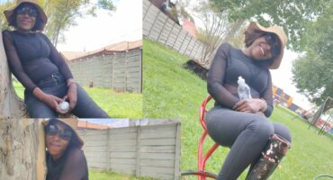 A collage of three images of the same woman dressed in black clothing, taken at a play park where she works.