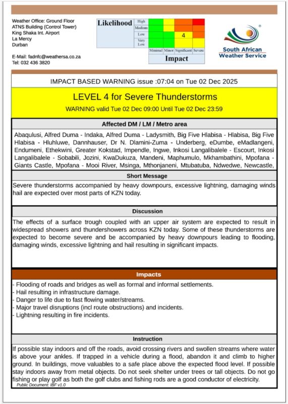 A yellow level 4 warning issued by the South African Weather Service.