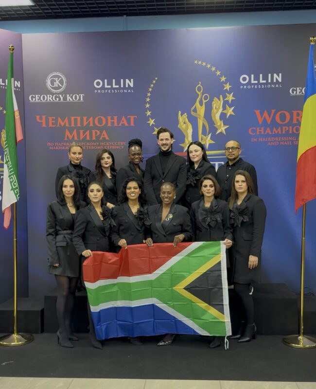 A group of South African patrons posing at the World Hairdressing Championships which was hosted in Russia.