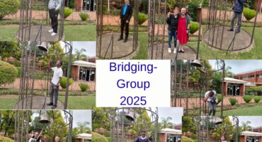 A collage of photos showing learners from the Bridging Group 2025 taking turns to ring a ceremonial bell outdoors at Tugela Pre-Vocational School. Each photo features one or a small group of learners standing beneath the metal bell structure in a garden area with trees and school buildings in the background.