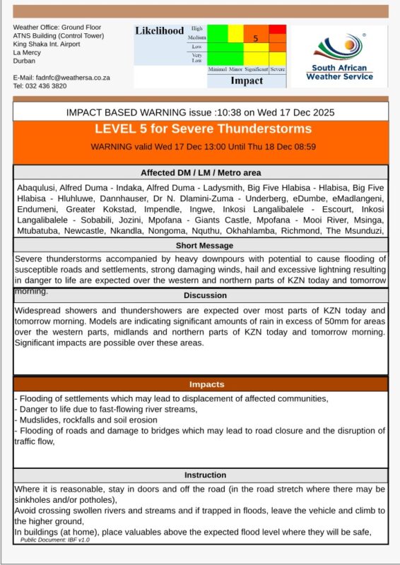 SAWS Orange Level 5 Warning