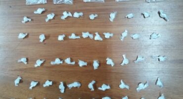 Several rows of narcotics laid out on a brown wooden table.