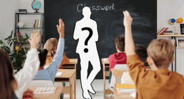 Learners raise hands in classroom facing silhouette of missing teacher.